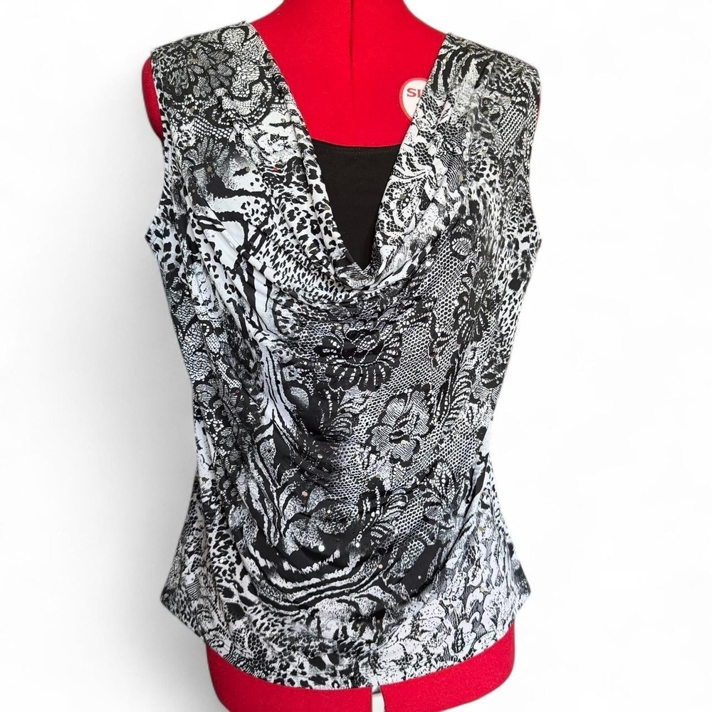 Brittany Black Animal Print Cowl Neck Blouse Rhinestone Y2K Fairy Grunge Large